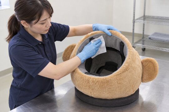 使用後の着ぐるみ頭部内側を除菌シートで拭くスタッフ