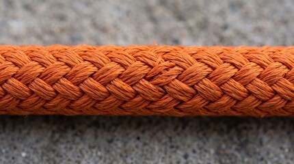 Extreme macro of the braided fibre weave of an orange rescue rope against a grey stone surface © Sherley