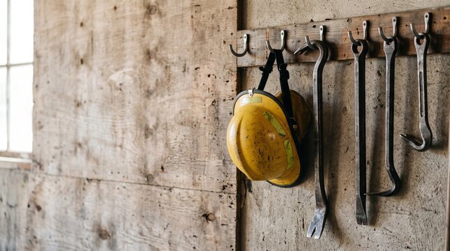 Yellow hard hat and iron pry bars hanging on a rough timber wall in a dusty equipment store