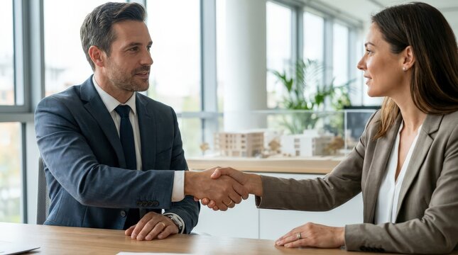 Businessman and businesswoman shaking hands to finalize a corporate agreement across a wooden table inside a sunlit office.