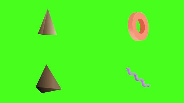 3D Geometric Shapes and Abstract Rotating Objects. Colorful 3D cone, torus, and spiral shapes rotating on green screen for motion graphics and visual effects