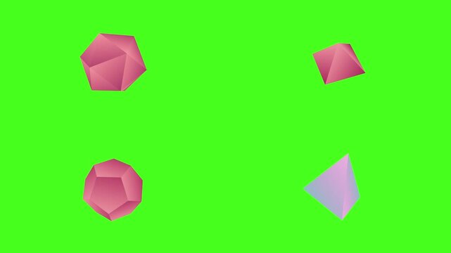 3D Geometric Shapes and Abstract Rotating Objects. Colorful 3D polyhedron, sphere, and diamond shapes rotating on green screen for motion graphics and visual effects