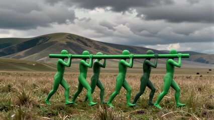 Naklejka premium Green figures carry a long pole through grassy fields under stormy skies.