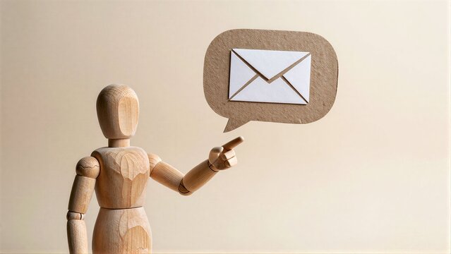 Wooden figure points to speech bubble with envelope, symbolizing communication or messaging.