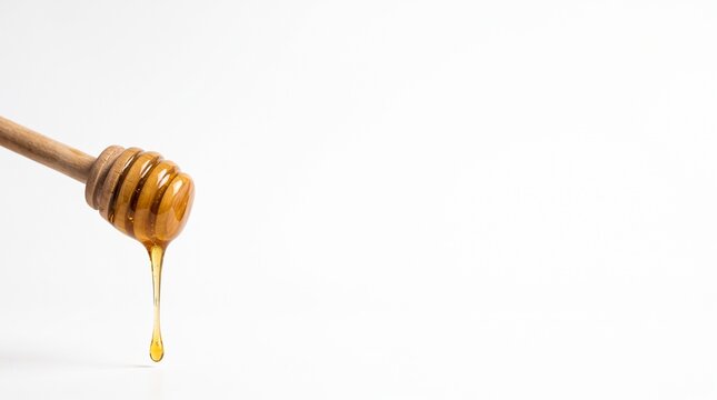 Golden liquid honey dripping from a wooden dipper isolated on white background