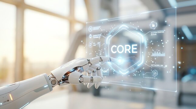 Robotic Hand Touching Virtual Holographic Screen with Core Text and Futuristic Technology Interface