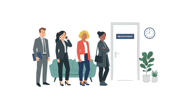 Diverse professional candidates standing in queue waiting for job interview or recruitment meeting outside corporate office door, vector