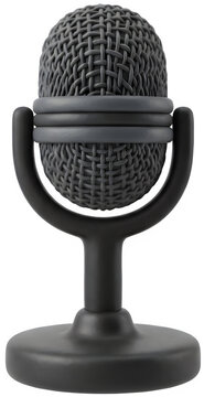 목소리 녹음과 방송 진행을 상징하는 검은색 3차원 스튜디오 마이크 기호,
Three-dimensional studio microphone symbol representing voice recording and broadcasting.