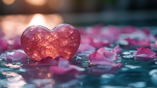 A red crystal heart sitting on water with floating pink rose petals.