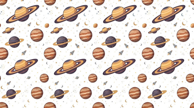 Cute Seamless Space Pattern With Cartoon Planets Saturn And Jupiter Rockets Stars And Moon