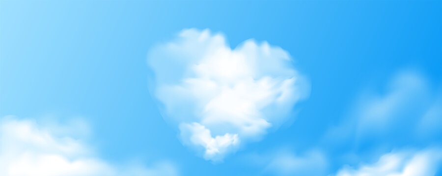 Sky Background with realistic clouds for Cosmetic Product Presentation. Sky cloud heart Blue gradient Background soft and natural, Horizon, poster, cove, flayer Summer Clear and copy space for text.