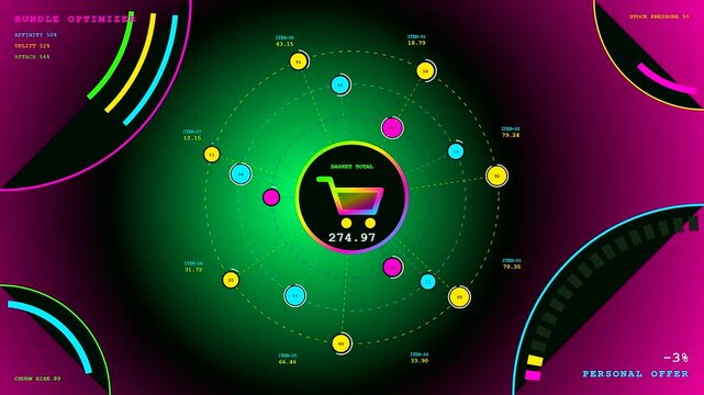 A sophisticated dynamic pricing interface with glowing circular charts and digital shopping cart icons displays real time consumer purchase analytics in a vibrant gradient digital environment