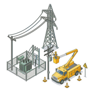 Isometric Power Grid Infrastructure with Utility Worker and Truck.