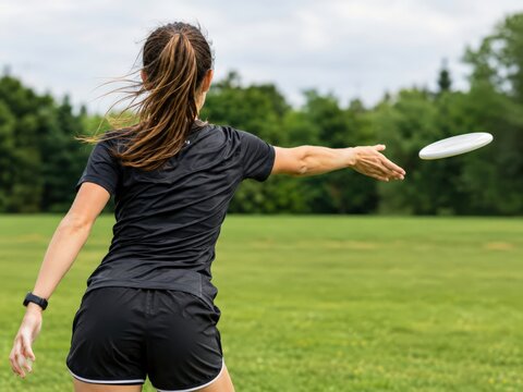 Ultimate frisbee player mid backhand release on grass pitch under bright overcast daylight