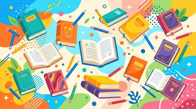 Colorful vector illustration of flying books and pencils on an abstract background for education and learning back to school concept art