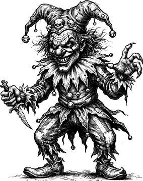 Evil Jester Clown Holding a Dagger, Dark Halloween Horror Engraving Illustration