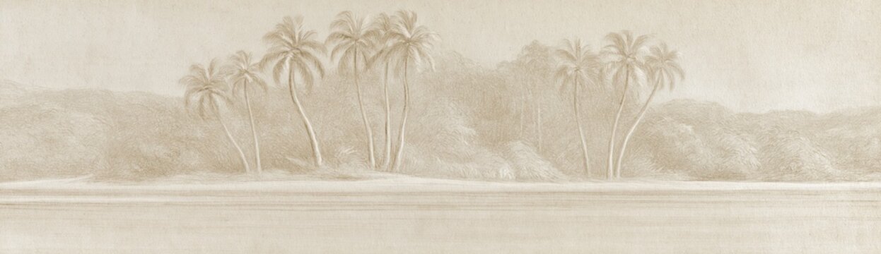 Sepia watercolor tropical palm trees along a misty coast