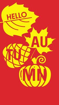 Hello Autumn seasonal greeting card design with yellow leaves pumpkin and pinecone on red background.
