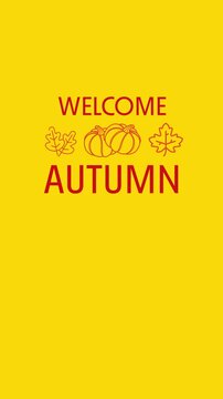 Welcome Autumn greeting card design with pumpkin and leaf icons on yellow background.