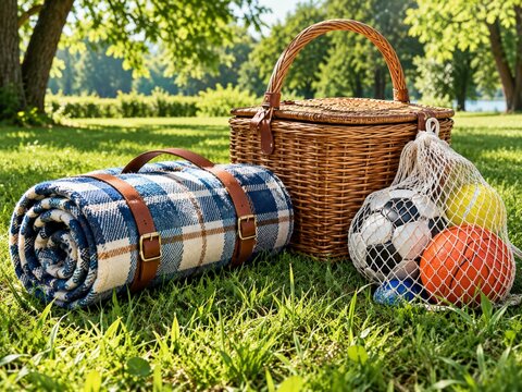 Picnic setup with a rolled blanket and a mesh bag of balls on grass near a wicker basket in a park during the afternoon