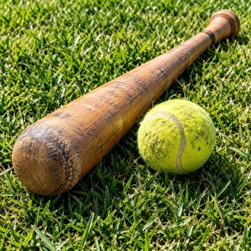 Worn rounders bat and scuffed tennis ball together on grass in bright daylight