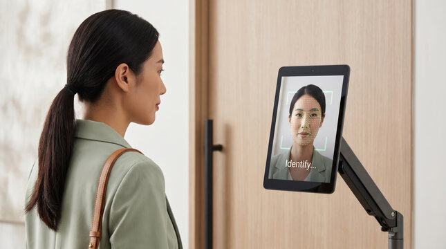 Asian woman face scanner shows biometric identity verification. Facial recognition identification system. cyber security privacy protection safety, person access verification