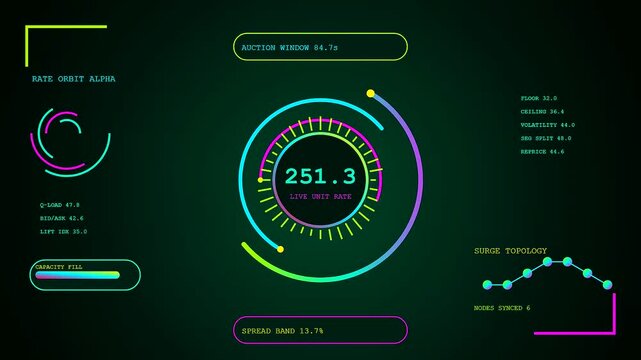 Digital displays showing dynamic pricing data points with fluctuating metrics and circular holographic interface elements that cycle through changing numerical values on a dark green background