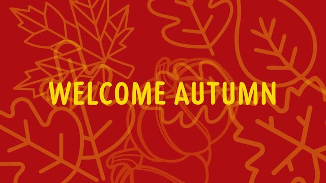 Welcome Autumn greeting card design with orange leaves on a red background.