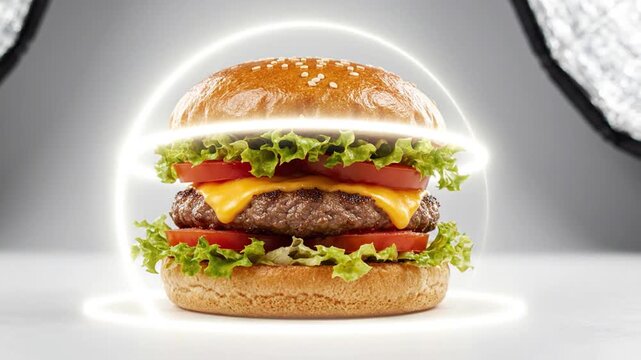 Delicious beef cheeseburger surrounded by glowing futuristic light rings
