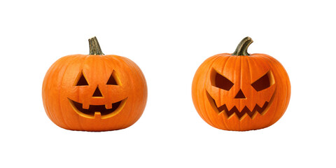 Two carved orange Halloween pumpkins with contrasting happy and scary facial expressions isolated on a clean white background, featuring classic jack-o-lantern designs for autumn holiday decoration © MJ iceberg
