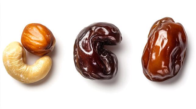 Selection of three different healthy nuts and dried fruits including a cashew and hazelnut with dried fruit raw nuts food photography isolated
