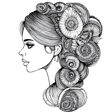 Profile portrait of a woman with artistic nautilus shell hair line art woman face black and white portrait hairstyle nautilus abstract artistic