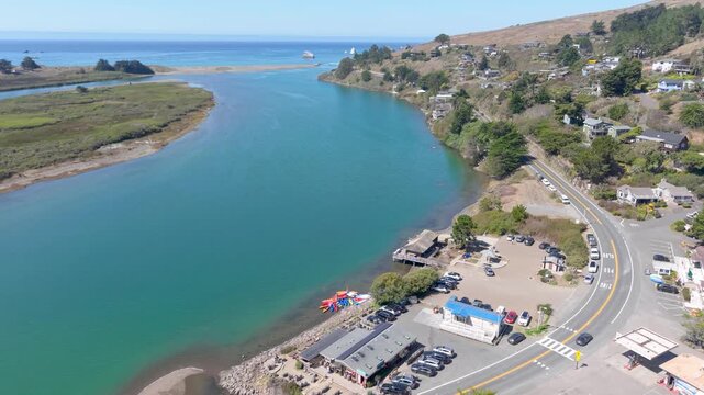 Drone Flyover of Jenner, CA Russian River on a Clear Day