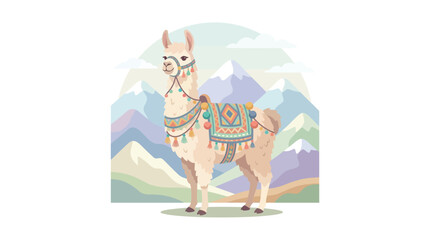 Fototapeta premium Cute llama with colorful blanket on mountain background