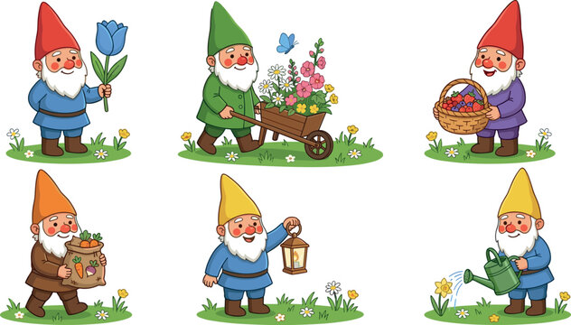 Cute Garden Gnome Character Set Featuring Adorable Dwarfs Gardening with Flowers, Wheelbarrow, Lantern, Watering Can, and Harvest Basket Vector Illustration