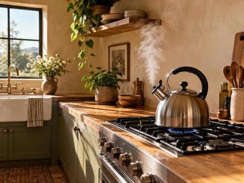 Stovetop kettle releases steam on a warm-toned hob in a modern cottage kitchen during early daylight