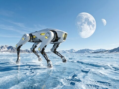 Futuristic sci-fi robotic quadruped exploring lunar planetary surface with Earth reflection, quantum fusion, and deep space cosmos