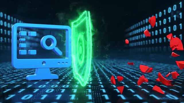 glowing green digital shield protects computer monitor from red software bug with magnifying glass searching for threats against dark binary code background in cyberspace
