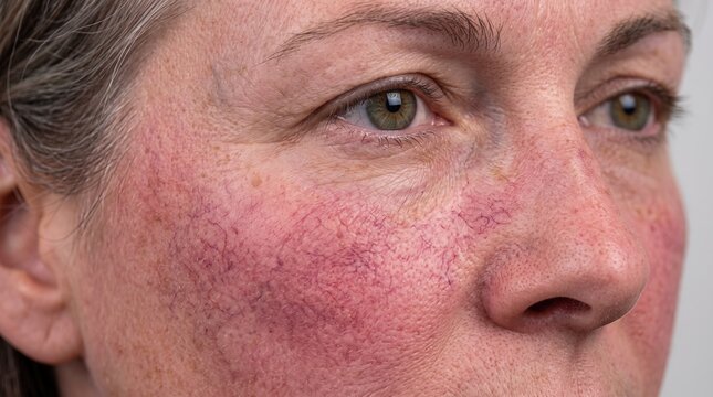 Extreme close up view of facial rosacea with visible broken capillaries and severe skin redness on cheek