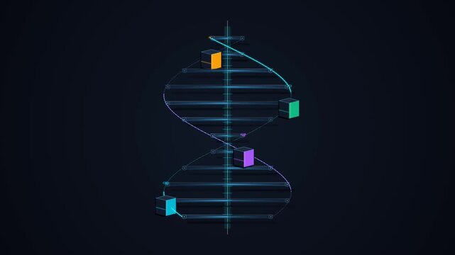 Premium 4K isometric 2.5D animation showing raw scattered data points assembling into a rotating technological double helix DNA 