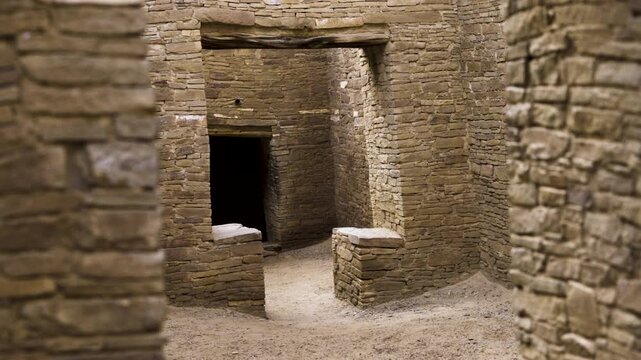 Cinematic interior shot of Pueblo Bonito at Chaco Culture National Historic Park in New Mexico, USA