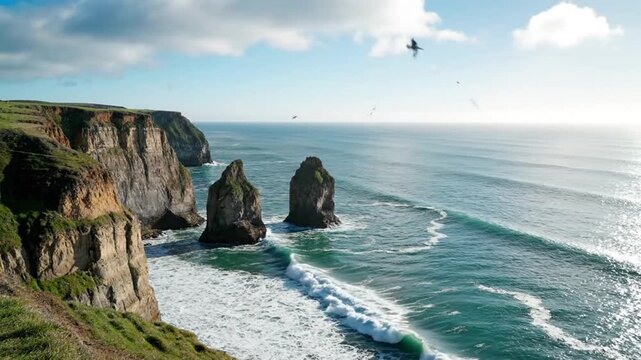Rugged cliffs stand tall above the ocean