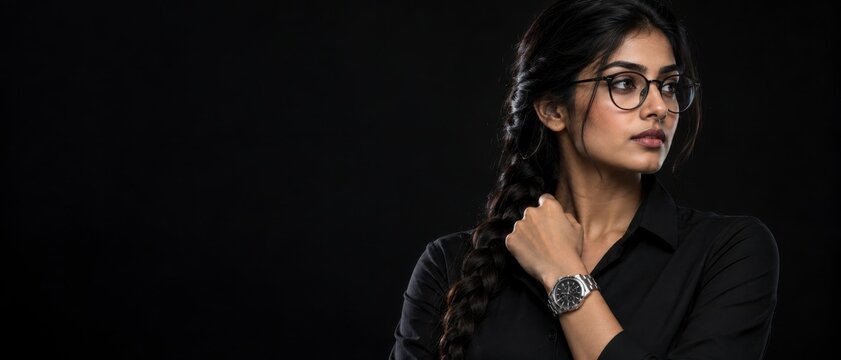 Young South Asian woman wearing glasses posing against a dark background with copy space