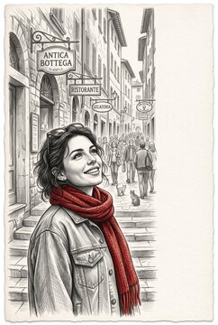 Young woman with red scarf walking through an old European town street sketch