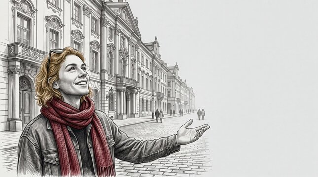 Young woman in red scarf gesturing while walking down urban street in sketch style
