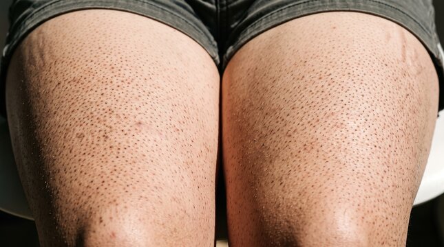 Strawberry legs effect showing severe keratosis pilaris and dark pores on female thighs