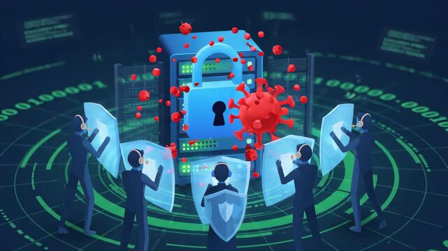 Cybersecurity team defending server from viral computer attack with glowing digital shields amidst backdrop of binary code and data streaming patterns on dark blue tech-themed background