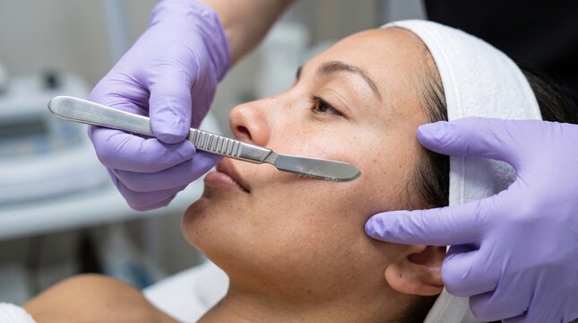Dermatologist performing professional dermaplaning treatment using surgical blade on client cheek
