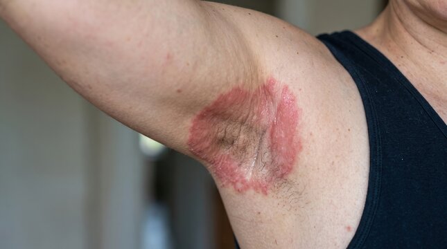 Severe intertrigo redness and fungal infection rash under armpit of male patient