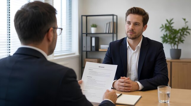 Over-the-shoulder view of a male HR professional in a suit holding a printed resume while interviewing a young male job candidate in a bright modern office during a corporate recruitment process.
